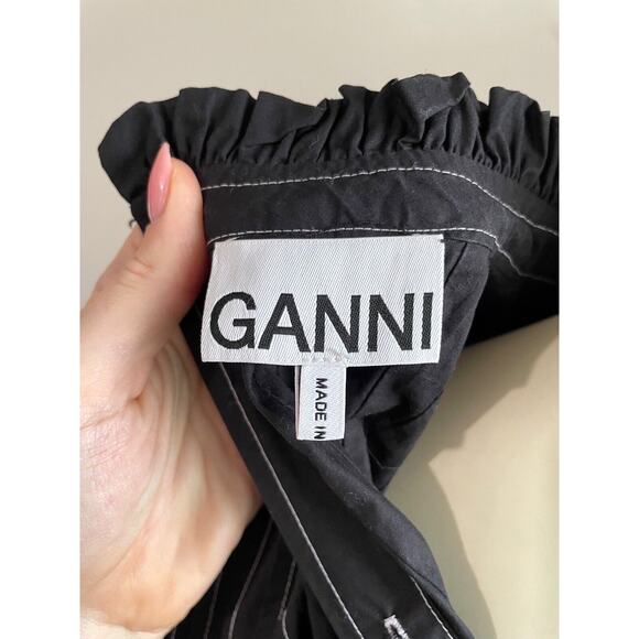 Ganni Women's Black Pintucked Cotton-Poplin Contrast Stitch Dress Size 36 Small - Picture 9 of 16